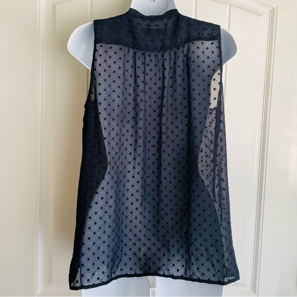 Loft Swiss Dot Bow Tie Button Down Pleated Navy Blue Blouse Sz Small in EUC - Picture 5 of 5